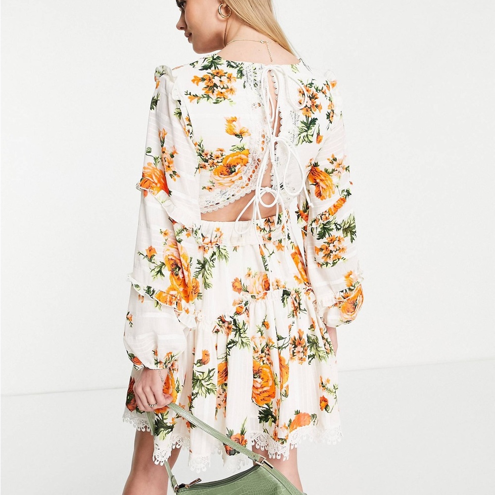 ASOS Design Maternity lace tiered mini dress with trim detail and floral US 14